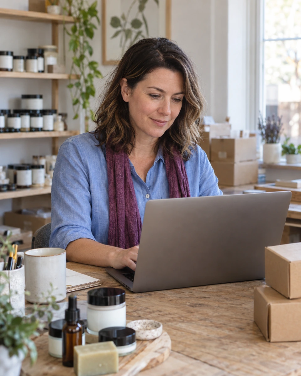 Illustrative entrepreneur working on her product business at a laptop