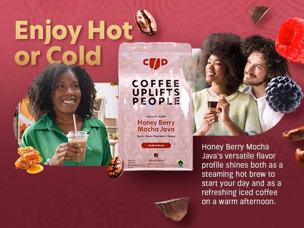 Coffee Uplifts People — Honey Berry Mocha Java / A+ Content, composition 1, panel 1