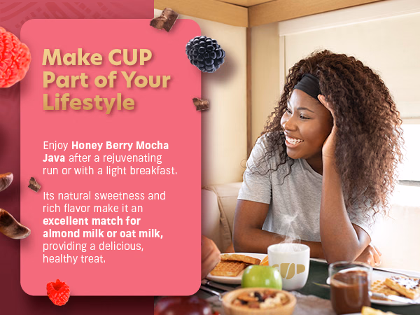 Coffee Uplifts People — Honey Berry Mocha Java / A+ Content, composition 1, panel 1
