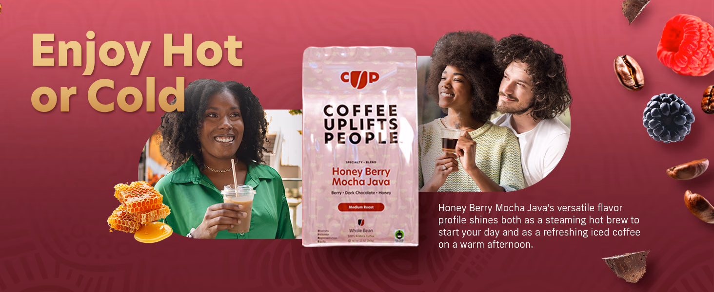 Coffee Uplifts People — Honey Berry Mocha Java / A+ Content, composition 1, panel 1