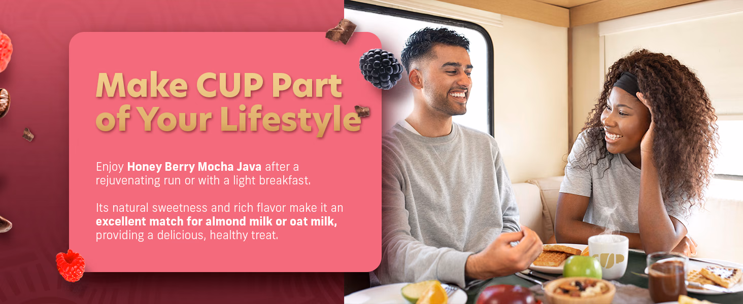 Coffee Uplifts People — Honey Berry Mocha Java / A+ Content, composition 1, panel 1