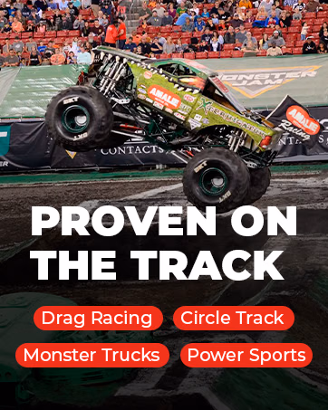 An Amalie-sponsored monster truck illustrates the brand’s motorsport involvement in drag racing, circle track, monster trucks, and power sports.
