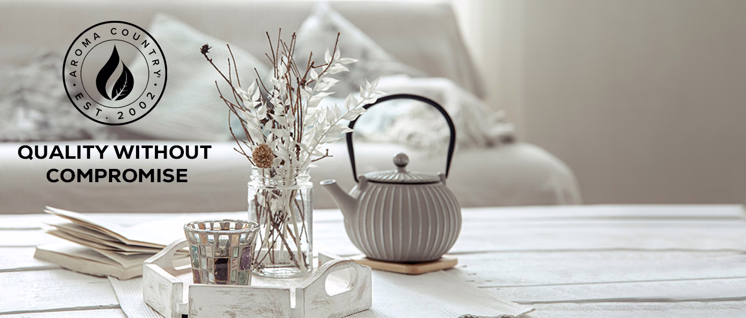 Aroma Country’s “Quality without compromise” message beside a teapot, dried flowers, and its logo marked established 2002.