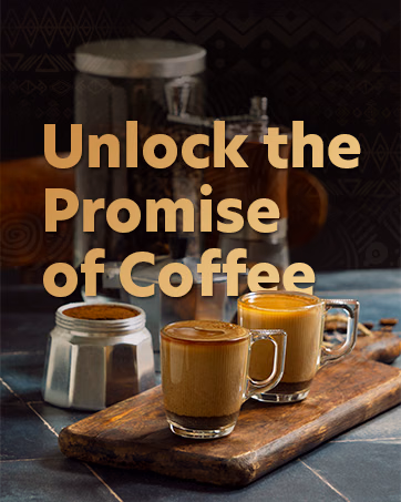 Two glass cups of coffee with the invitation “Unlock the promise of coffee.”