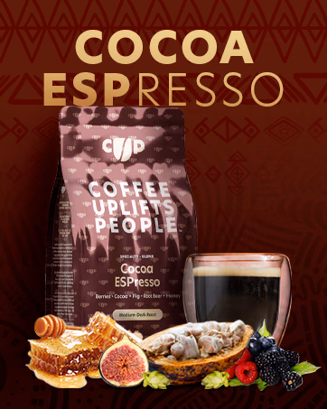 Cocoa ESPresso coffee bag and espresso, with berries, cocoa, figs, honey, and hops illustrating the flavor notes.