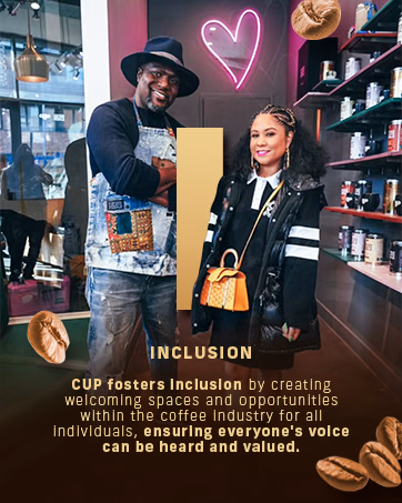 Inclusion: two people in a café accompany CUP’s commitment to welcoming spaces, opportunities, and making every voice heard.