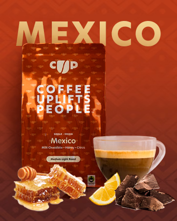 Mexico single-origin coffee bag and espresso, with milk chocolate, honey, and citrus illustrating the flavor notes.