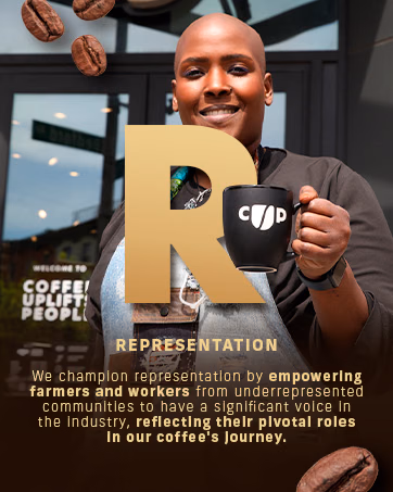 Representation: a person holds a CUP mug beside the brand’s commitment to giving underrepresented farmers and workers a voice.