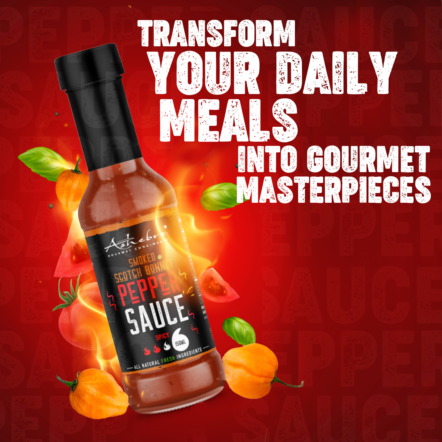 Ashebre Gourmet pepper sauce listing creative with the bottle, peppers and Transform Your Daily Meals headline