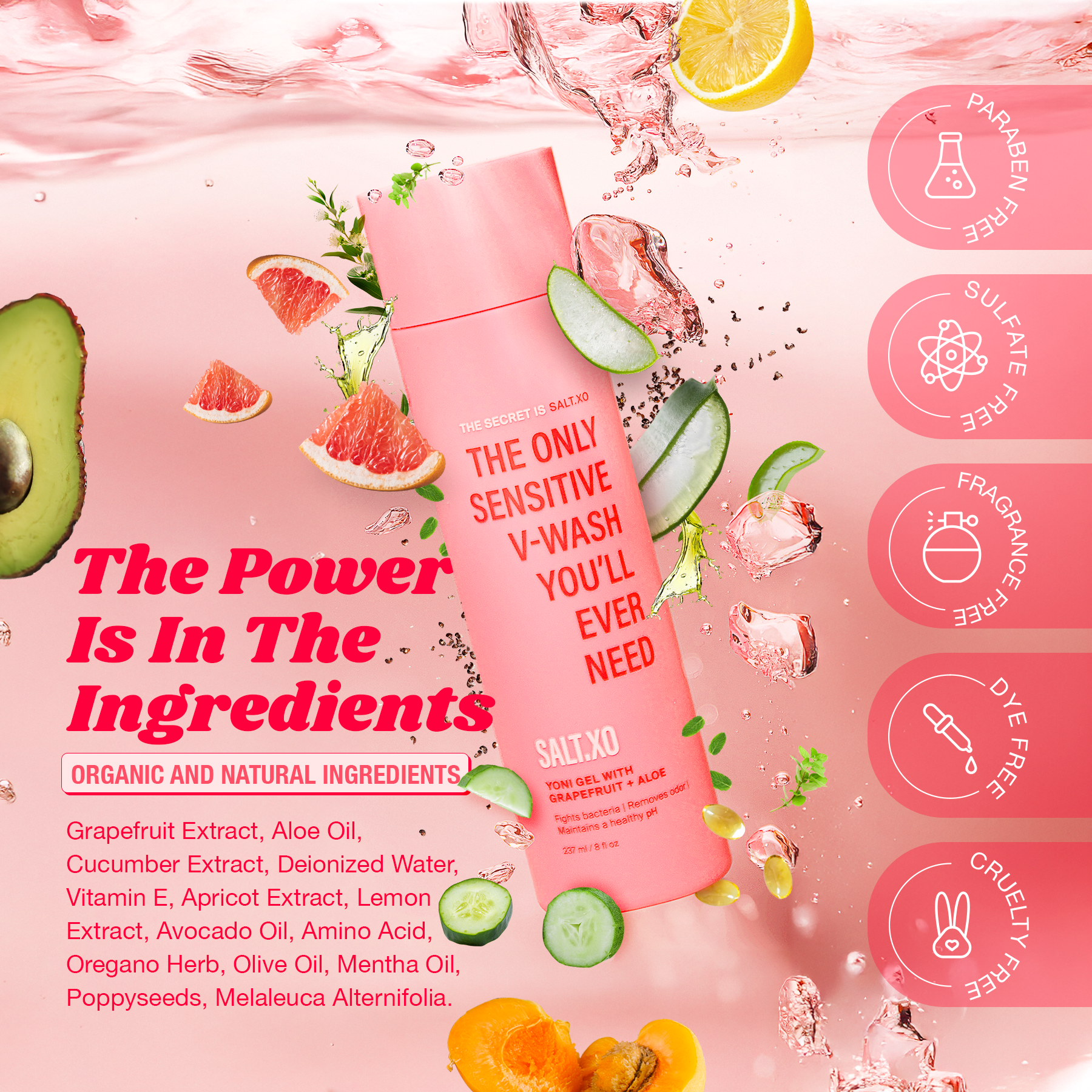SALT XO Grapefruit Yoni Gel listing creative with the pink bottle, ingredients and product features