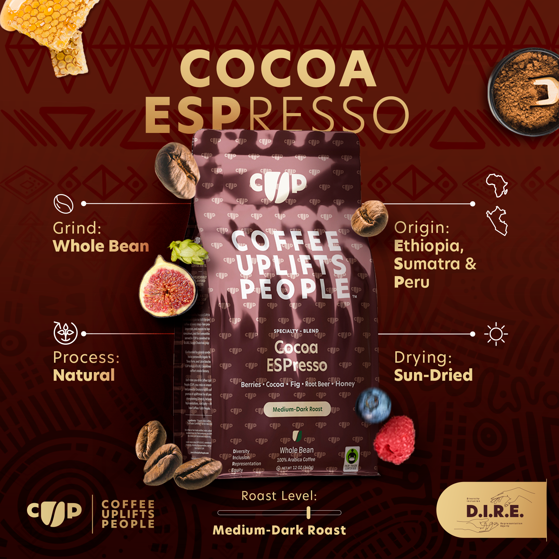 Coffee Uplifts People Cocoa Espresso — whole-bean coffee listing design with origin, process, and roast details